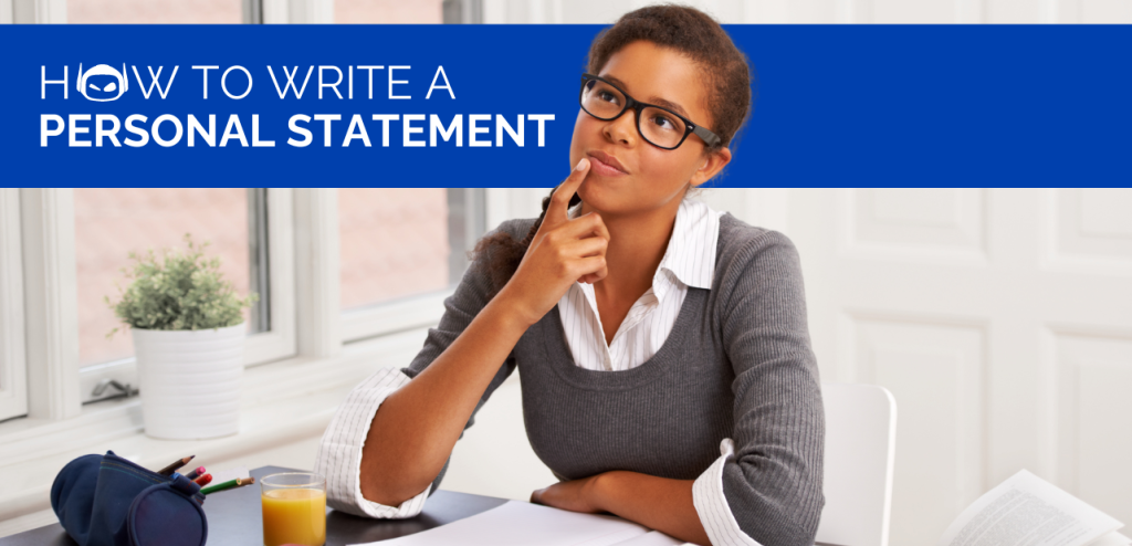 Smodin graphic of a woman at a desk, looking thoughtful with her hand on her chin, over text "How to Write a Personal Statement" on a blue background.