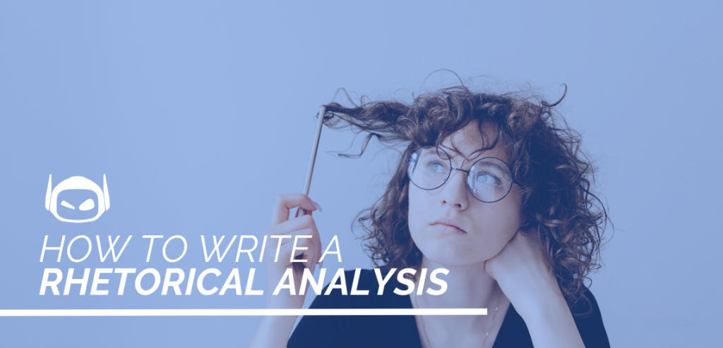 Smodin Graphic with white text "how to write a rhetorical analysis" overlaying a woman twisting her hair with a pencil.