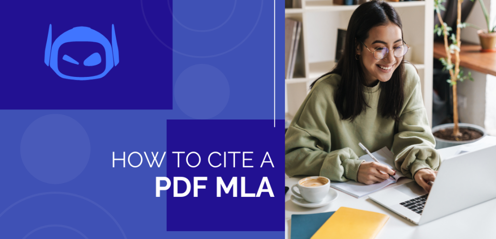 Smodin graphic featuring blue blocks and the text "How To Cite A PDF MLA" next to a photo of a woman working on a laptop.