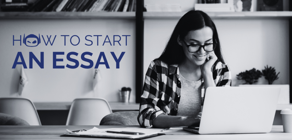 Black and white Smodin graphic of a woman smiling and working on a laptop next to the text "how to start an essay".