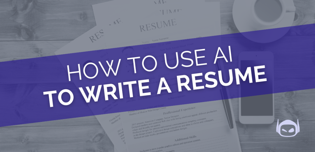 Smodin graphic featuring text "How to use AI to write a resume" overlaying multiple resumes on a desk.