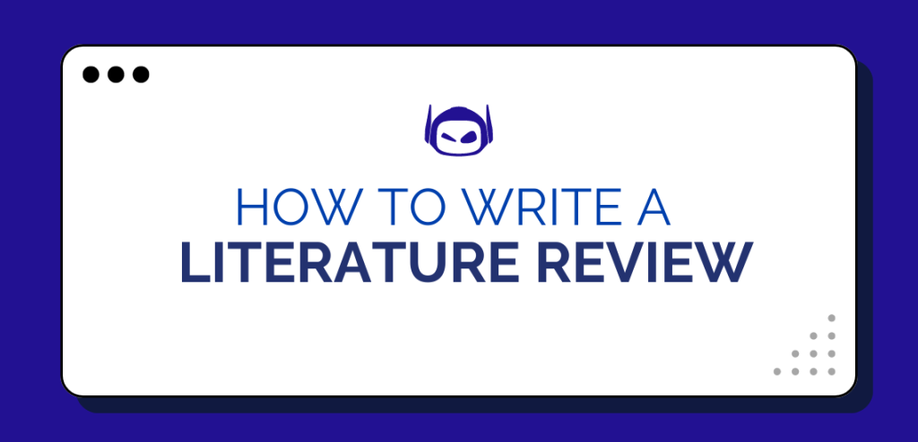 Smodin graphic with blue text "how to write a literature review" overlaying a white box on a two-tone blue background.