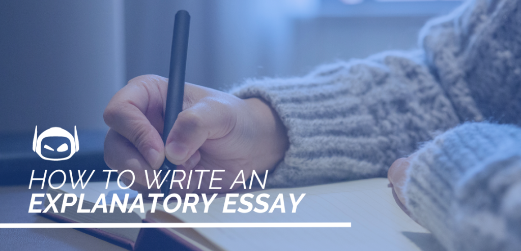 Smodin graphic with white text "how to write an explanatory essay" overlaying a hand writing in a book.