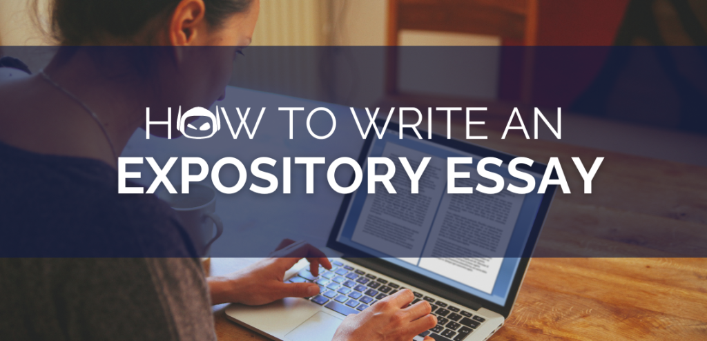 How to Write An Expository Essay" overlaying a woman typing on a laptop.