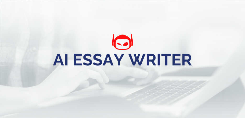 A Smodin graphic with blue text "AI Essay Writer" overlaying a close-up of hands typing on a laptop.