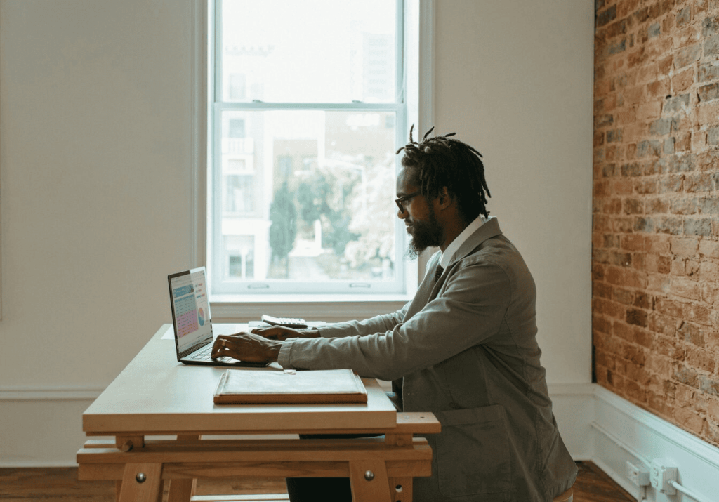 A man sitting at a desk and typing on a laptop.