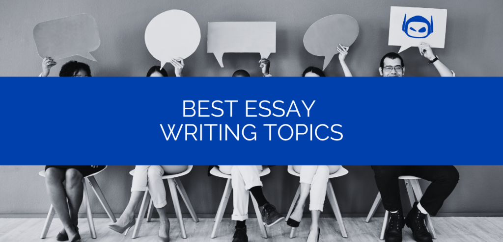 Smodin graphic with white text "Best Essay Writing Topics" on a blue banner overlaying five seated people holding up speech bubbles.