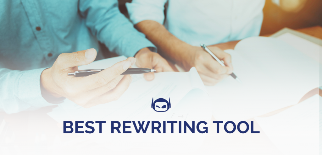 Smodin graphic featuring navy blue text "Best Rewriting tool" overlaying a close-up of hands holding pens and writing.