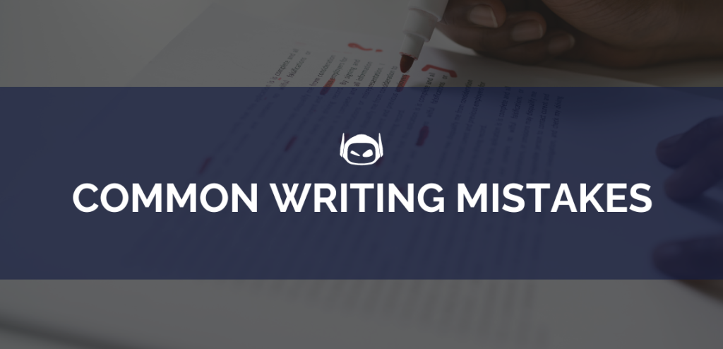 Smodin graphic with white text "Common Writing Mistakes" on a blue banner with a close-up of someone proofreading a paper in the background.