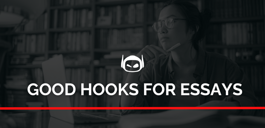 Smodin graphic with white text "Good Hooks For Essays" with a red line underneath overlaying an image of a woman thinking while writing an essay.