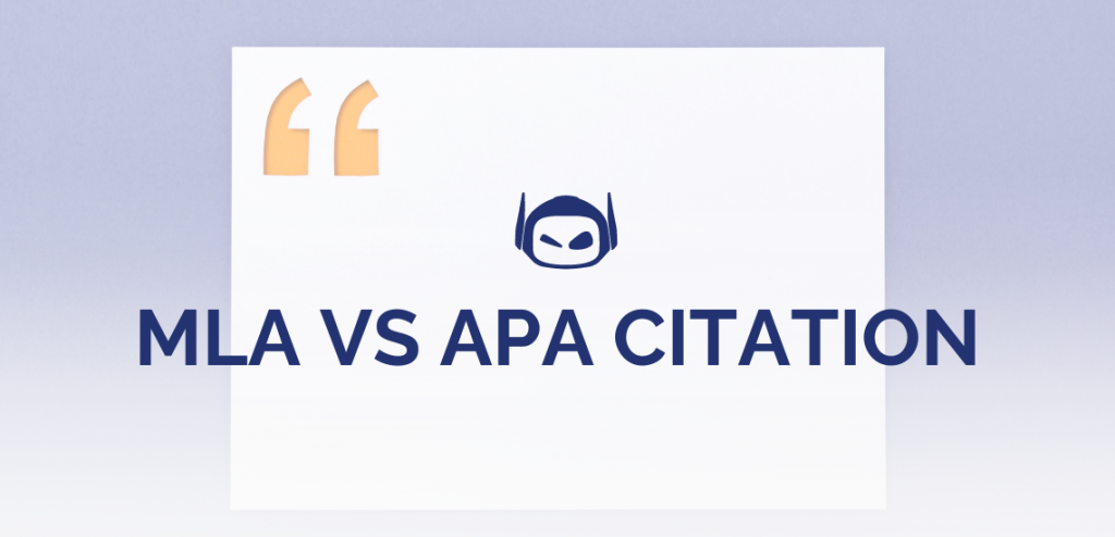 Smodin graphic with blue text "MLA vs APA citation" overlaying a white box with equation marks on a blue gradient background.