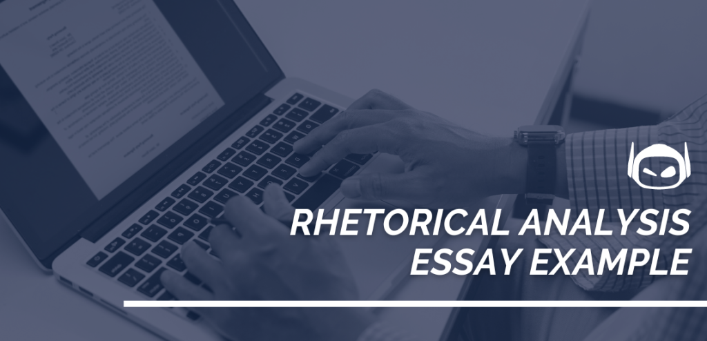 Smodin graphic with white text, "Rhetorical analysis essay example" and logo overlaying hands typing on a laptop.