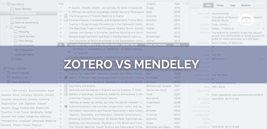 Smodin graphic of "Zotero vs Mendeley" with a blurred background showing a list of academic references and the Smodin logo.