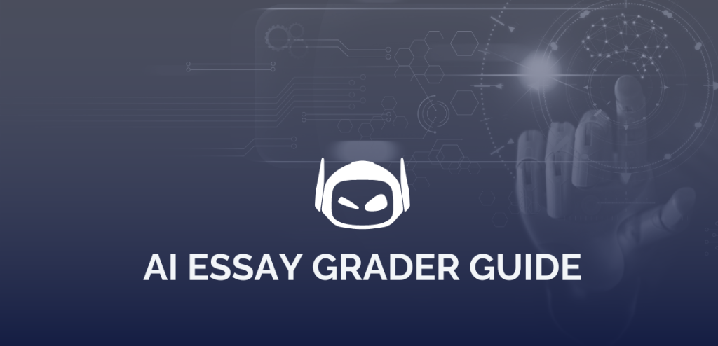 Smodin graphic with white Smodin Logo above white text "AI Essay Grader Guide" overlaying a robot hand tapping a screen to symbolize AI.