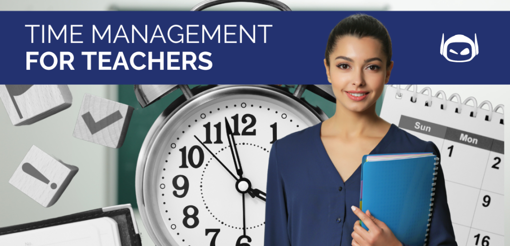 Smodin graphic of a teacher smiling in front of a clock and calendar and a banner with white text "Time Management for Teachers".