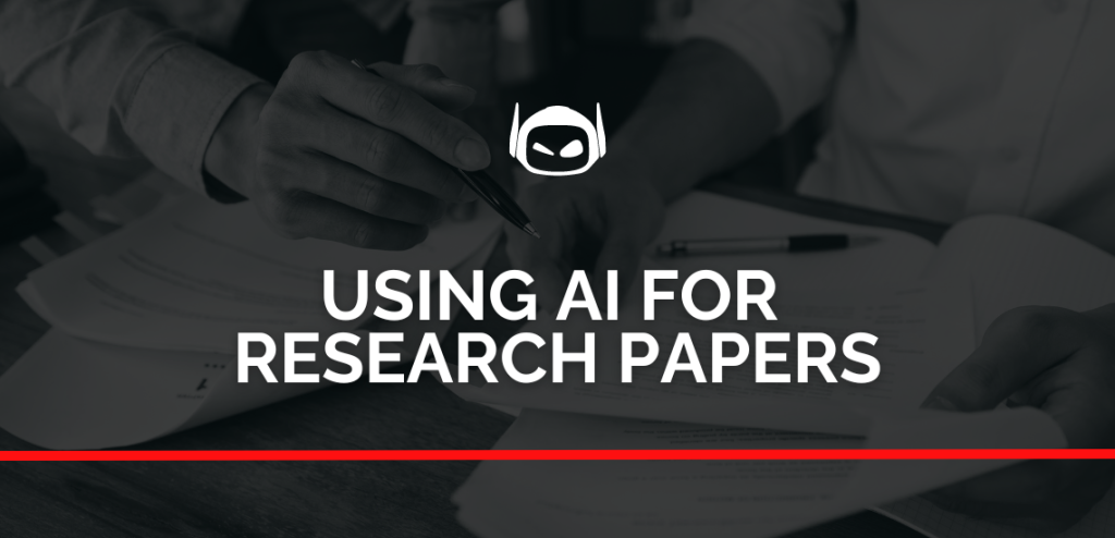 Smodin graphic of hands holding a pen and paper, with the text "USING AI FOR RESEARCH PAPERS" in white letters, and a red line beneath the text.