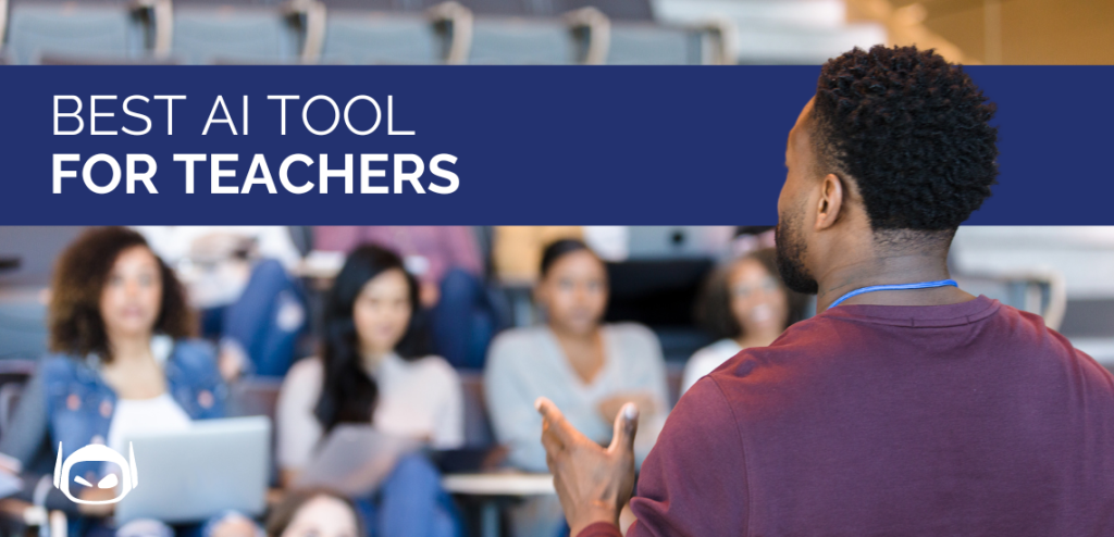 Smodin graphic featuring a teacher lecturing overlayed with a blue banner with white text "Best AI Tool for Teachers".