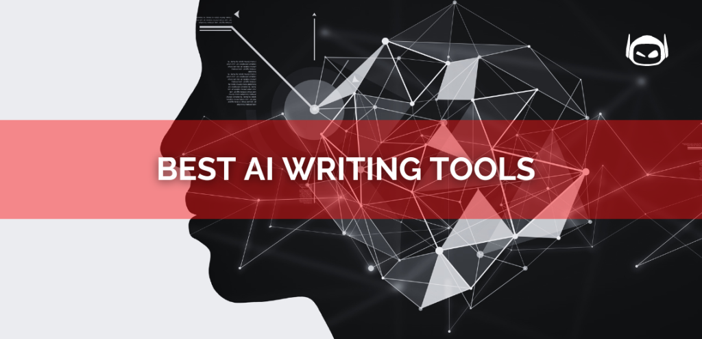 Smodin graphic featuring a red banner with white text "Best AI Writing Tools" overlaying a silhouetted face and abstract vectors.