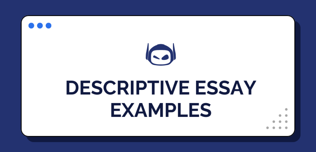 Smodin graphic with navy blue text "DESCRIPTIVE ESSAY EXAMPLES" on a white pop u window on a navy blue background.