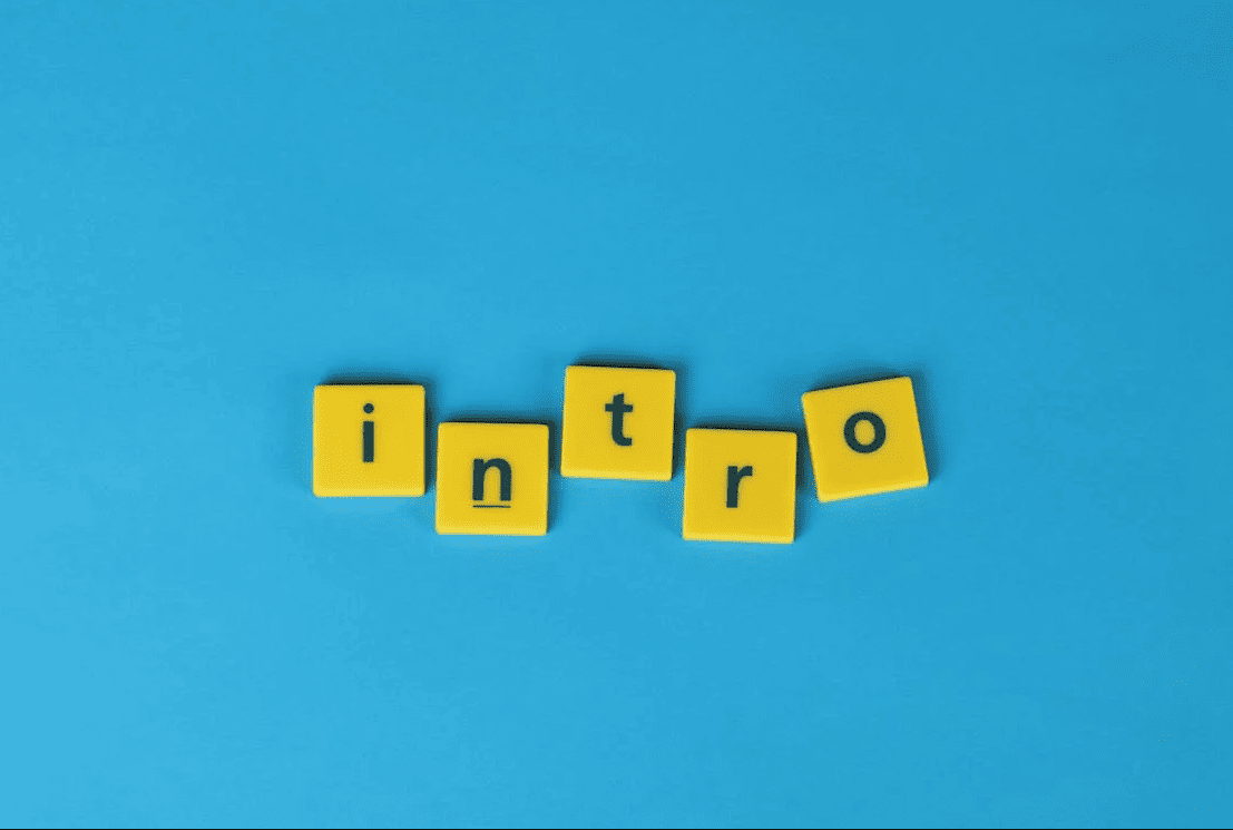 The word "intro" with yellow tiles on a blue background. 