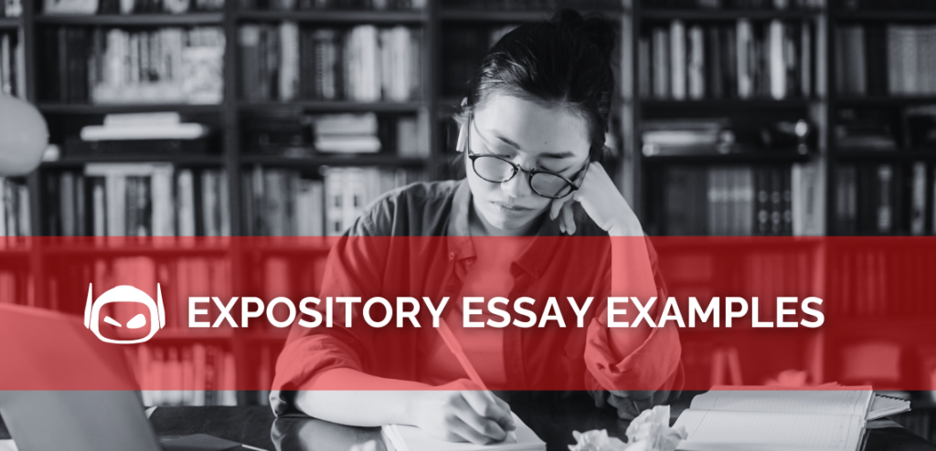 Smodin graphic with white text, "Expository Essay Examples" on a red banner over a black and white image of a woman writing an essay in a library.