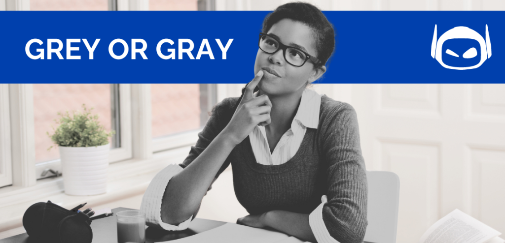 Smodin graphic of a woman thinking at a desk with text "Grey or Gray" on a blue banner above her and a logo in the corner.