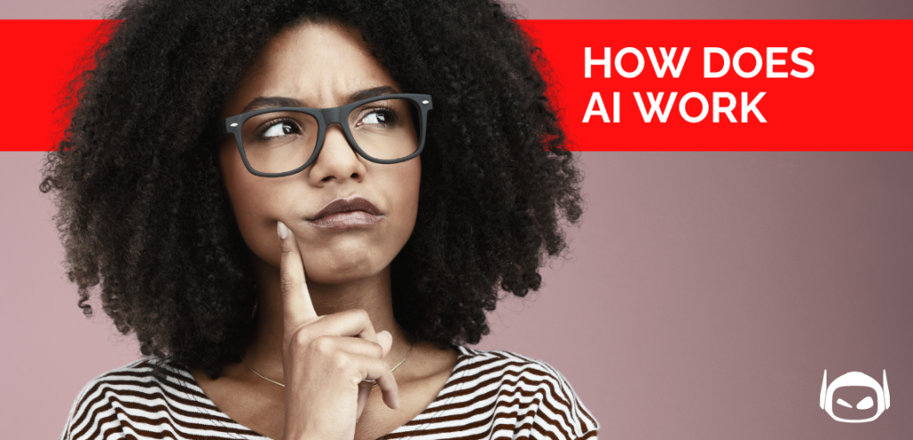 Smodin graphic of a woman with glasses thinking, with the text "HOW DOES AI WORK" in bold red on the right side of the image.