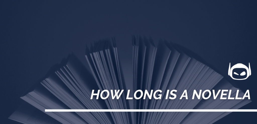 Smodin graphic of an open book with the title "How Long Is a Novella" in white text on a dark blue background and a logo.