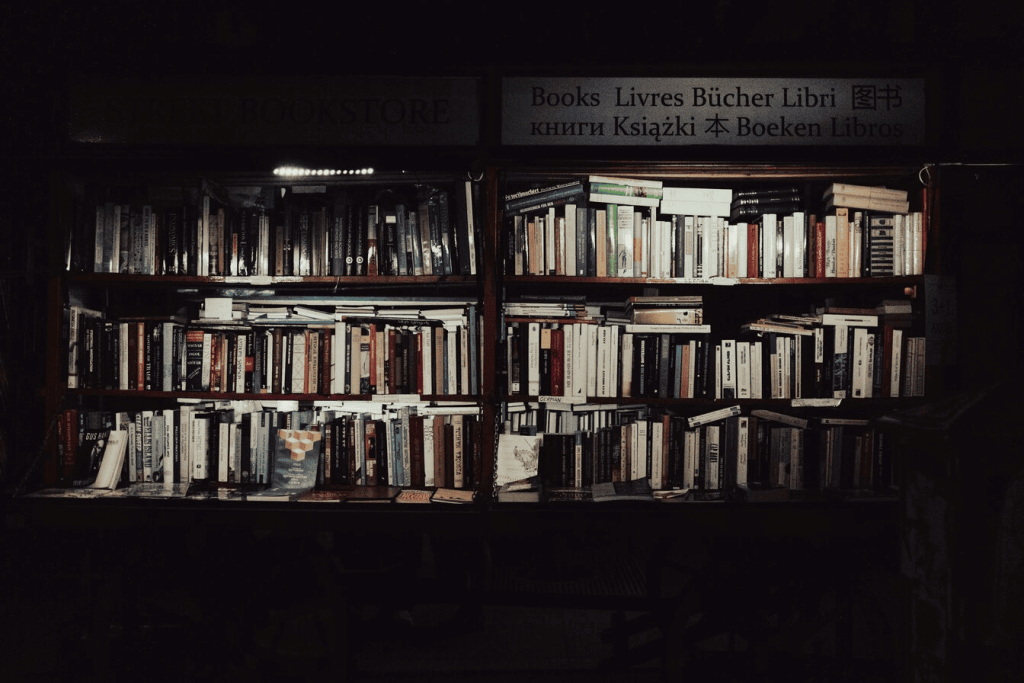 A bookshelf filled with lots of books in a dark room.