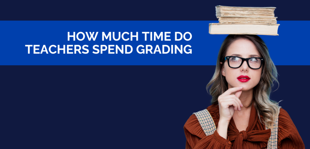 Smodin graphic featuring a woman with books on her head looking at white text on a blue background, "How much time do teachers spend grading".