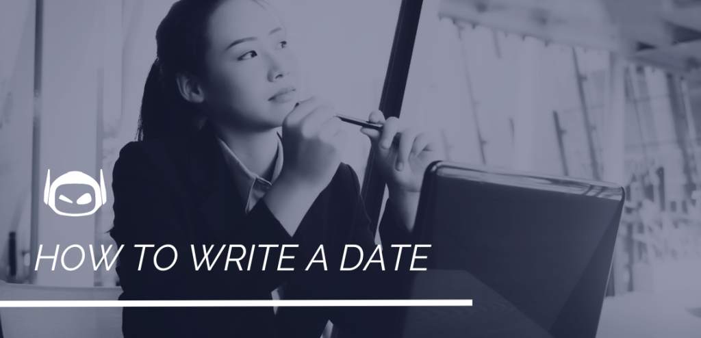 Smodin graphic with white text "HOW TO WRITE A DATE" overlaying a black and white image of a student thinking at a laptop.