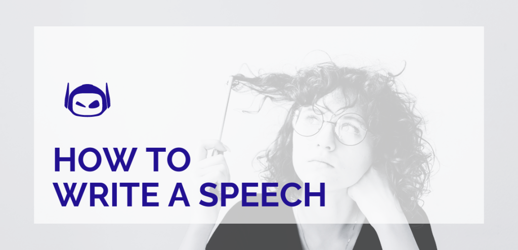 modin graphic of a person holding a pencil and thinking, with the text "HOW TO WRITE A SPEECH" over a light background.