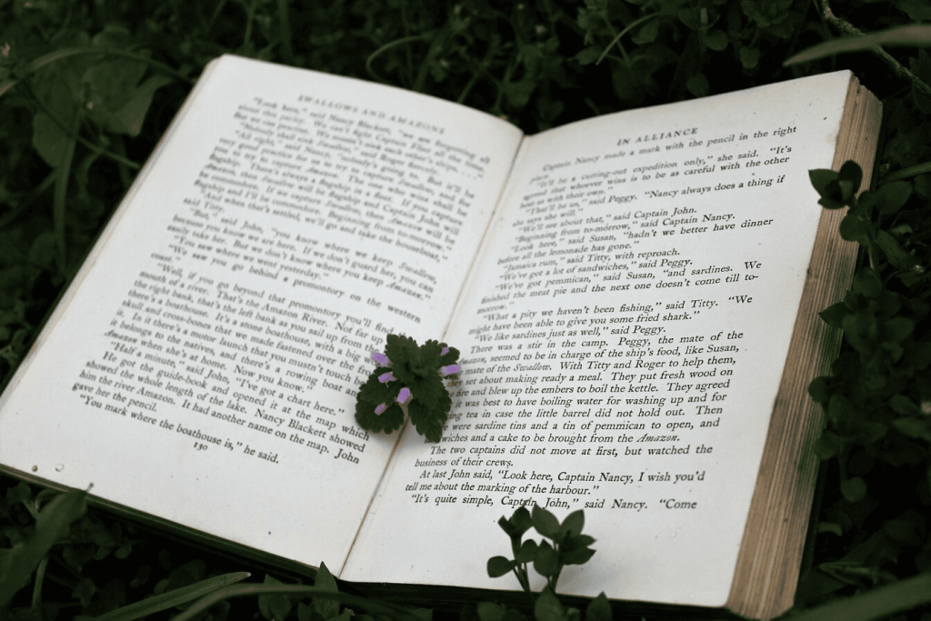 An open book with a green leaf with flowers inside it.