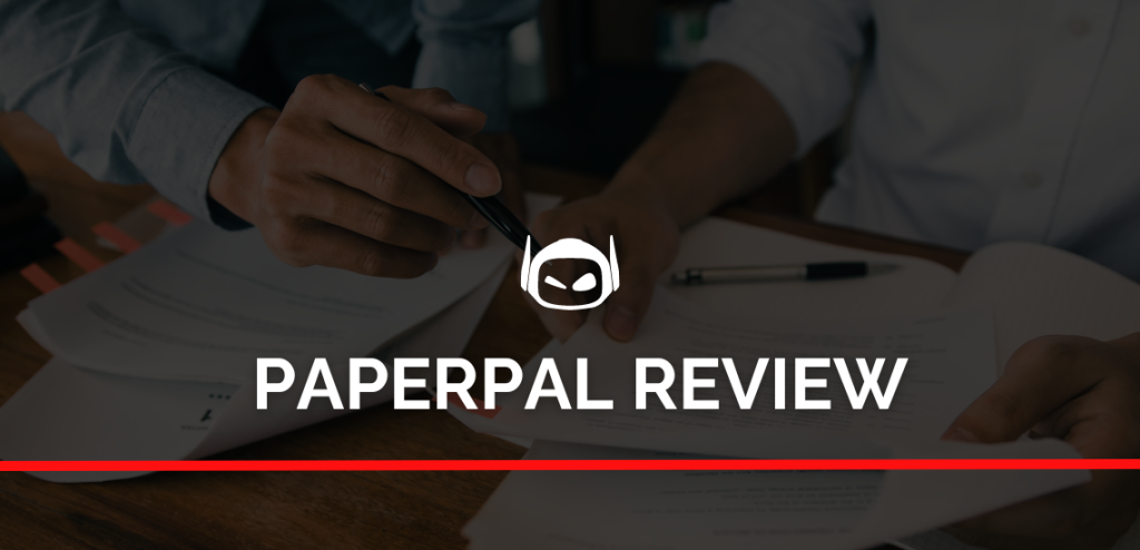 Smodin graphic of two people reviewing documents, overlayed with the text "Paperpal Review" and a red underline.