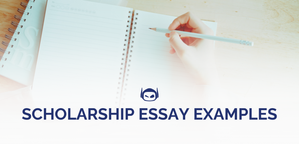 Smodin graphic with blue text "Scholarship essay examples" and Smodin logo overlaying faded image of a hand writing in a notebook.