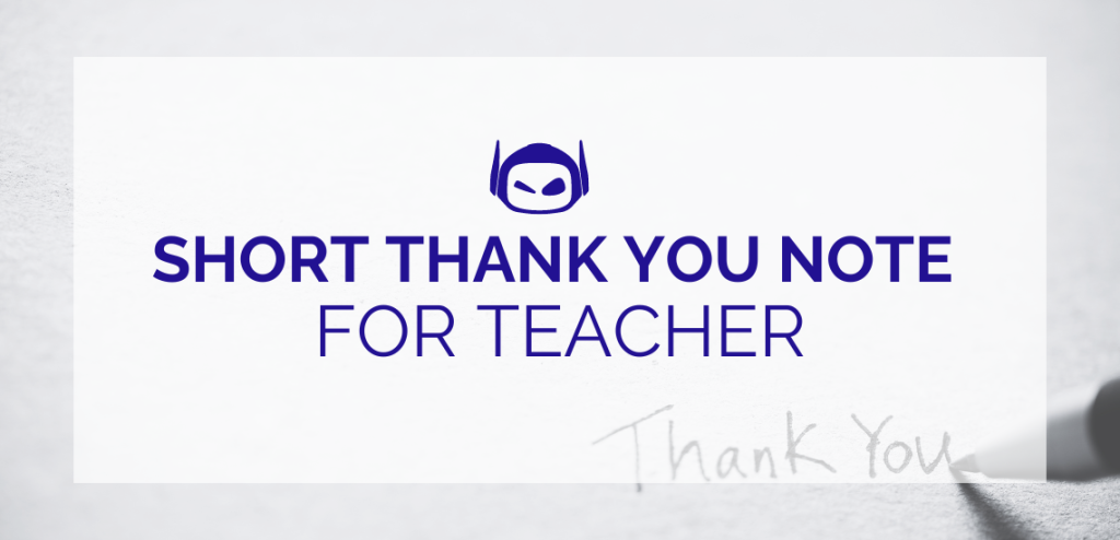 Smodin graphic with text "Short Thank You Note for Teacher" overlaying a pen writing "thank you" faintly in the background.