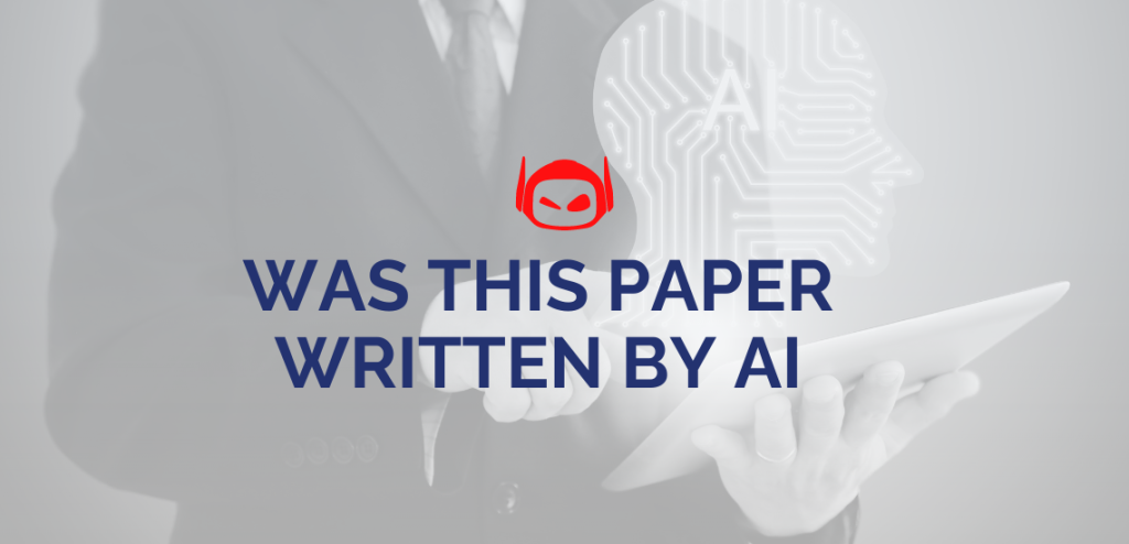 Smodin graphic with the text "WAS THIS PAPER WRITTEN BY AI?" in blue, a red robot icon, and a person holding a tablet.