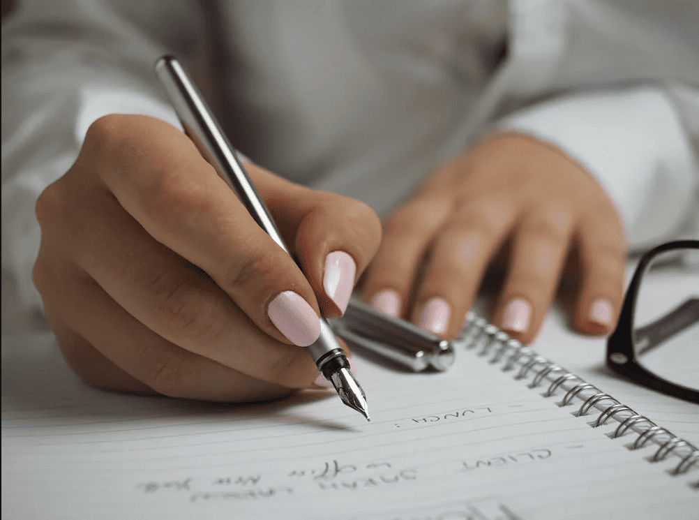 A person writing on a notebook with a fountain pen.