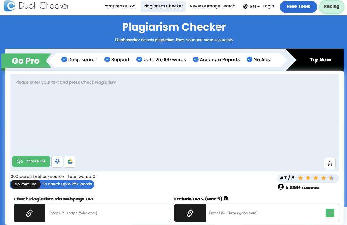 Smodin’s screenshot of DupliChecker’s plagiarism checker’s dashboard for free users. 