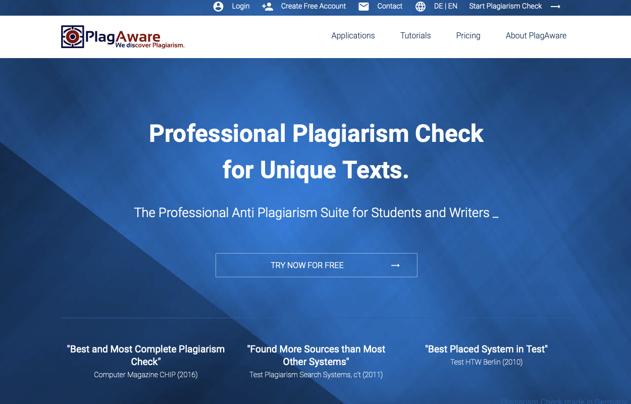 Smodin’s screenshot of PlagAware’s plagiarism detector’s homepage. 