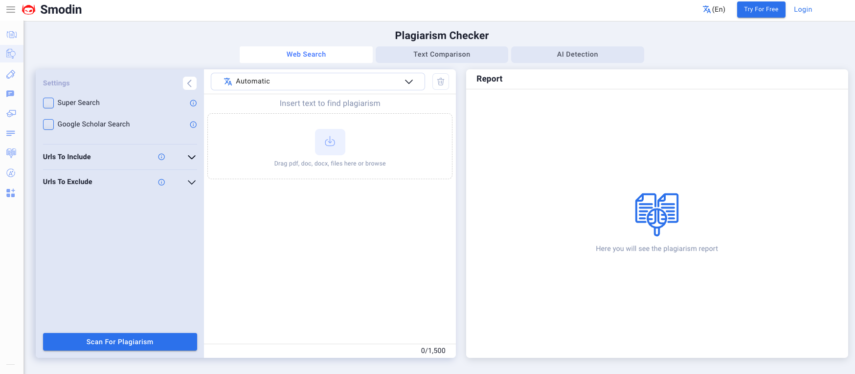 Smodin screenshot of the Smodin Plagiarism Checker tool.