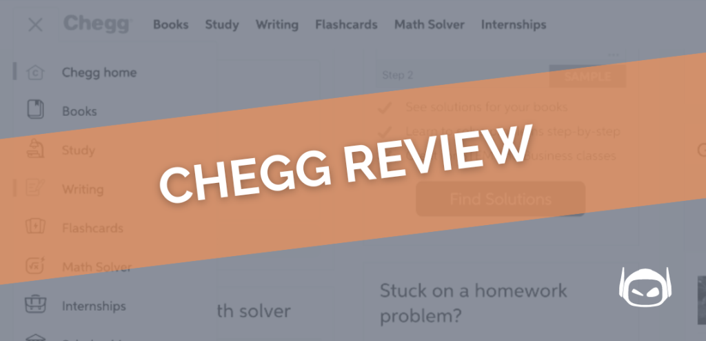 Smodin graphic with white text "CHEGG REVIEW" on an orange banner overlaying a Chegg dashboard.