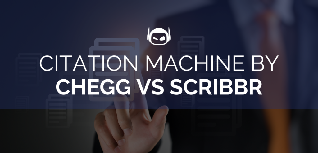 Smodin graphic of "Citation Machine by Chegg vs Scribbr" with Smodin logo above and a hand interacting with virtual documents.