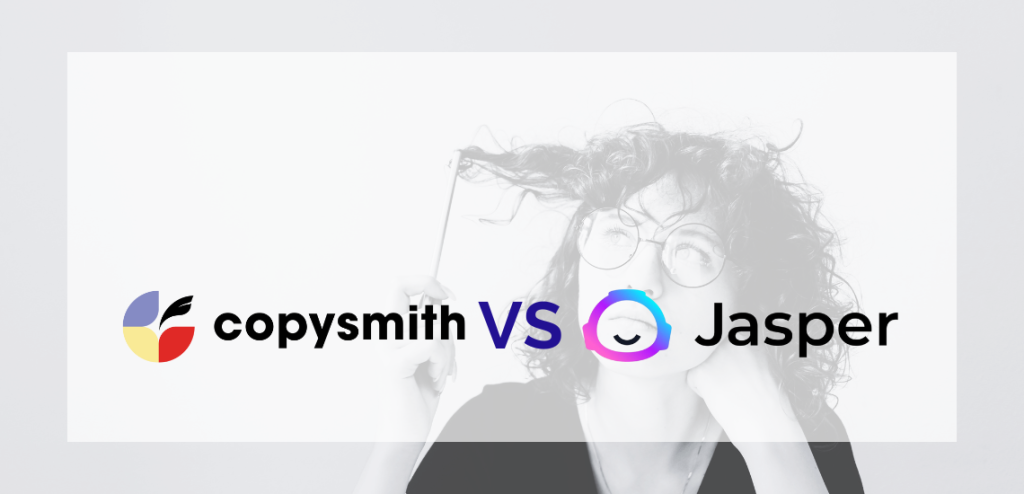 Smodin graphic of a woman holding a book with the logos of Copysmith and Jasper side by side, featuring "copysmith vs Jasper."