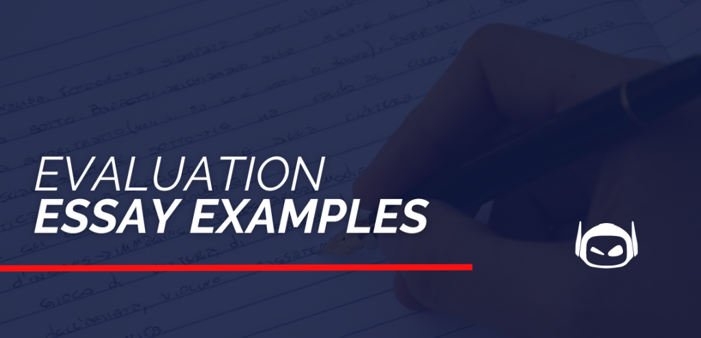 Smodin graphic of a hand writing, with the text "Evaluation Essay Examples" in bold white on a blue background with a red underline.