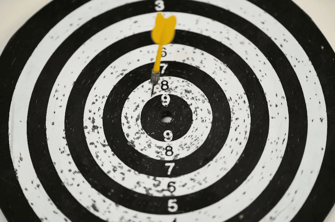 A dart on a black and white dartboard. 