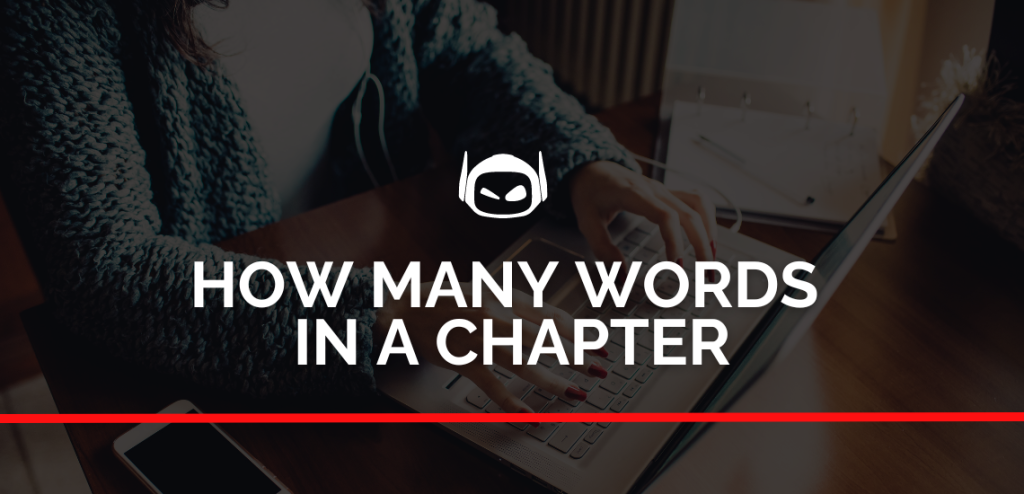 Smodin graphic with white text "How Many Words in a Chapter" overlaying a dark image of someone typing on a laptop.