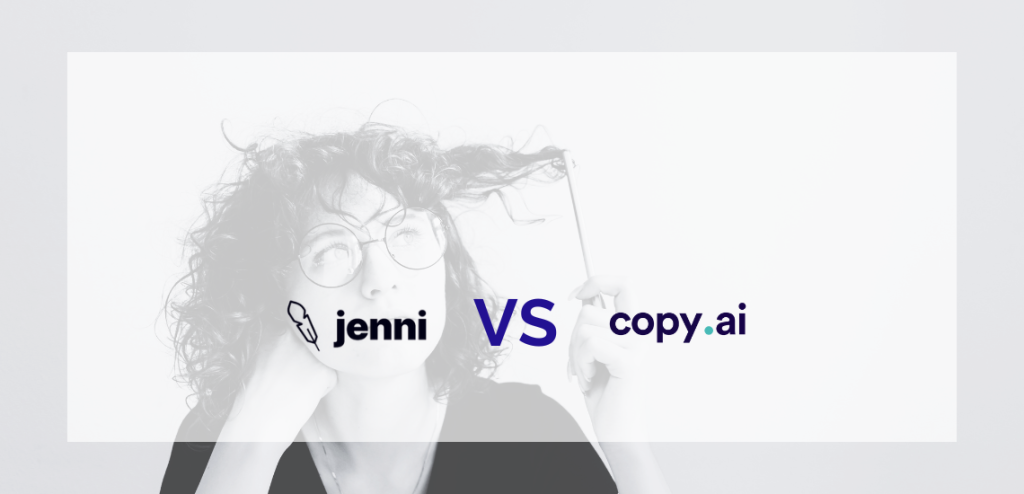 Smodin graphic of a woman in glasses thinking, with "jenni" and "copy.ai" logos and "VS" between them on a light background.