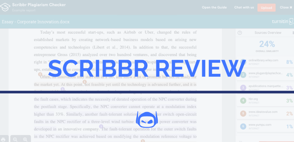 Smodin graphic of a plagiarism report screen with 'Scribbr Review' in blue, showing a document and analysis in the background.