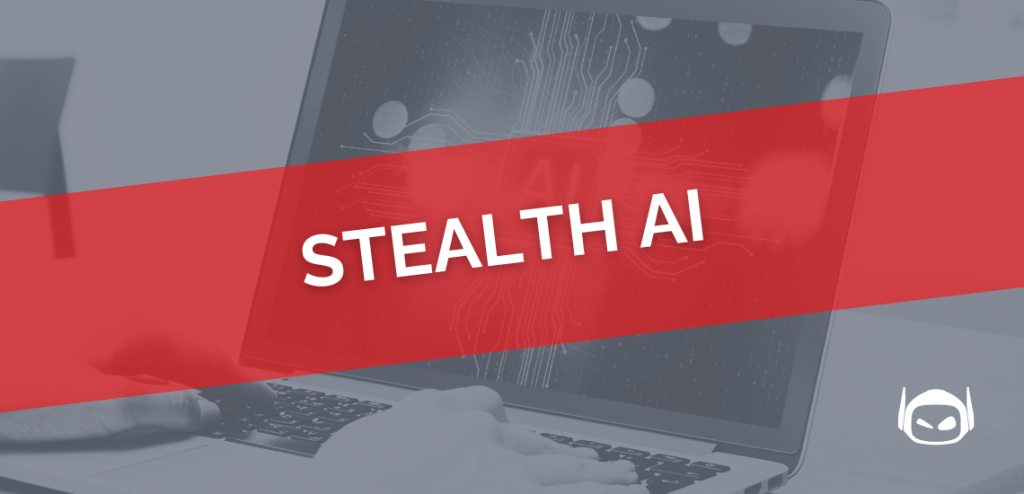 Smodin graphic of hands typing on a laptop with a red banner displaying "Stealth AI" in bold white text across the screen.